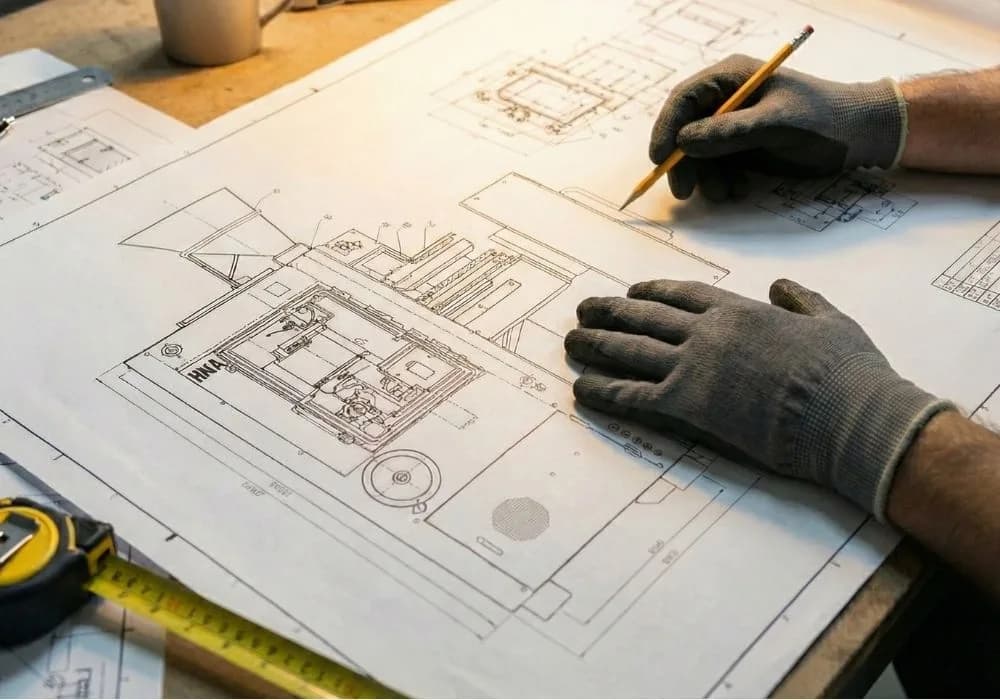 Engineer reviewing tablet press blueprints